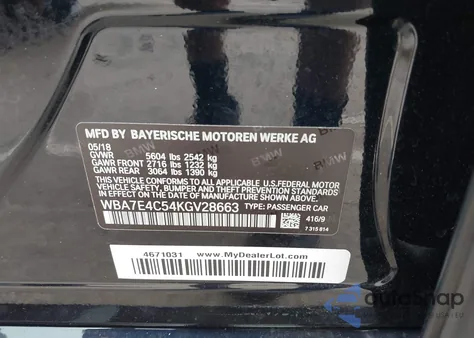 2019 BMW 740I xDrive from USA, damaged, VIN WBA7E4C54KGV28663